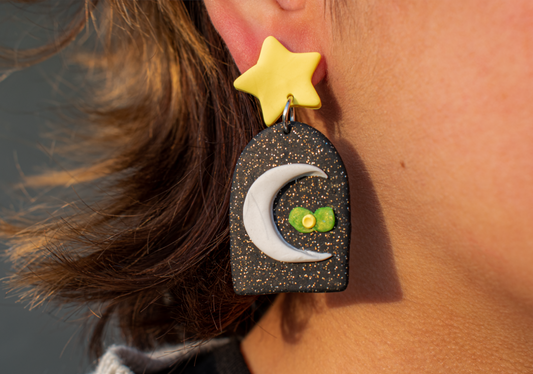 Star and Moon Leafy Simple Cottegecore Inspired Earrings | dangles | cute | polymer clay earrings | drop earrings | handmade jewelry | gift