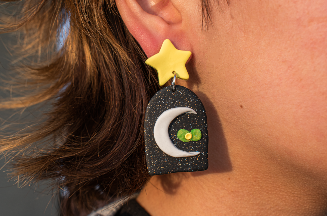 Star and Moon Leafy Simple Cottegecore Inspired Earrings | dangles | cute | polymer clay earrings | drop earrings | handmade jewelry | gift